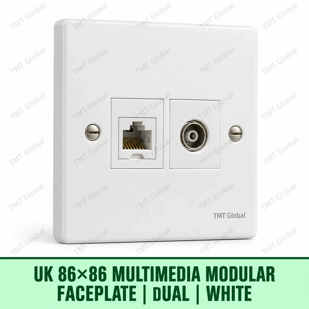 68928-UK-86x86-Multimedia-Modular-Faceplate-Dual-White UK 86 by 86 millimetre dual RJ45 and TV-RF multimedia faceplate in white, TMT Global