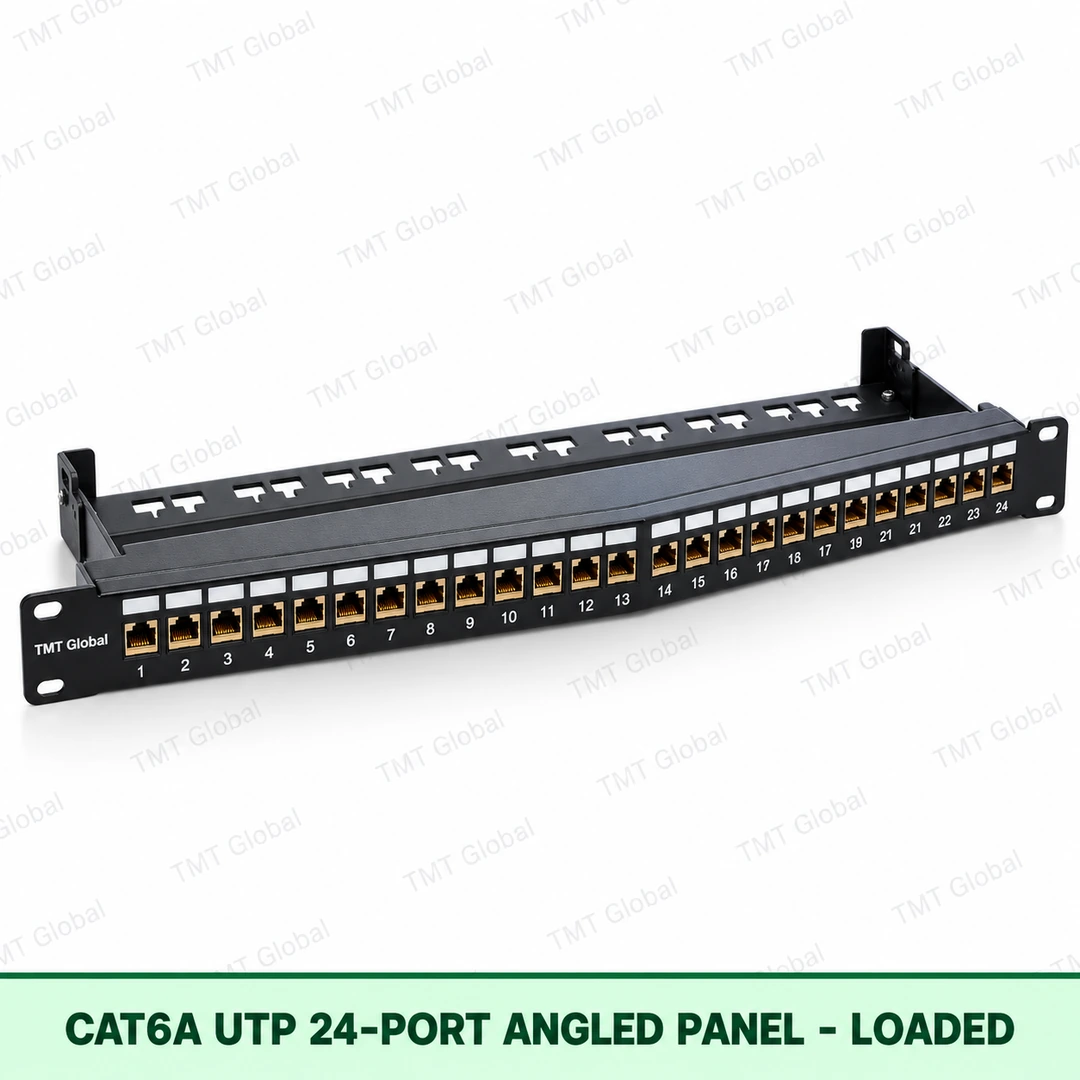 69041-Cat6A-UTP-24-Port-Angled-Panel-Loaded Cat6A UTP 24-Port Angled Patch Panel – Loaded