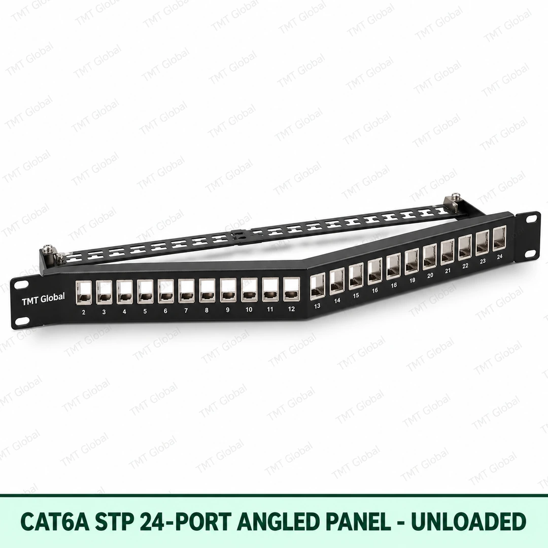 69043-Cat6A-STP-24-Port-Angled-Panel-Unloaded Cat6A STP 24-Port Angled Patch Panel – Unloaded