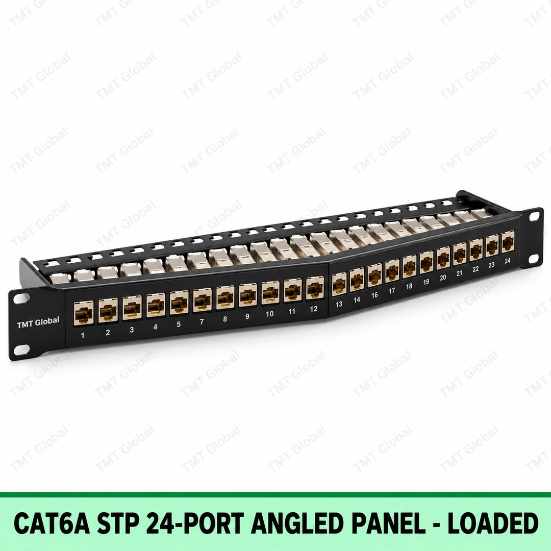 69044-Cat6A-STP-24-Port-Angled-Panel-Loaded Cat6A STP 24-Port Angled Patch Panel – Loaded
