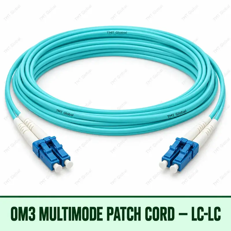 OM3 multimode LC-LC fibre patch cord with aqua duplex jacket, TMT Global