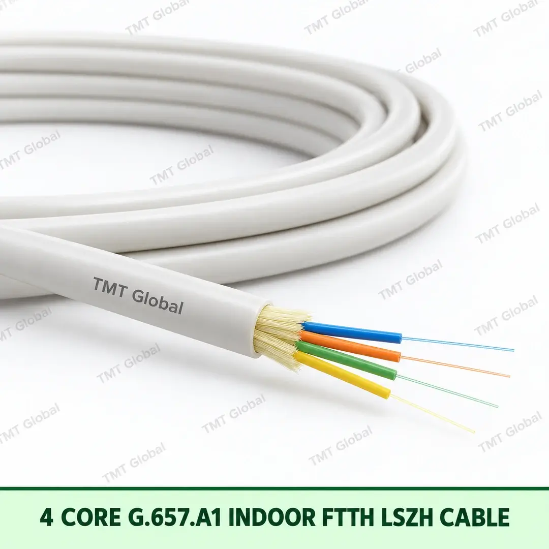 69403-4-Core-G657-A1-Indoor-FTTH-LSZH-Cable 4-core G.657.A1 indoor FTTH LSZH fibre optic cable with white jacket, TMT Global branding, and four colour-coded fibres.