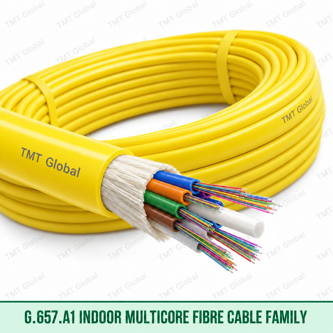 69407-G657-A1-Indoor-Multicore-LSZH-Fibre-Family-Yellow-Jacket TMT Global G.657.A1 indoor multicore LSZH fibre cable family with yellow jacket, loose tubes and optical fibres for 6F to 96F options.