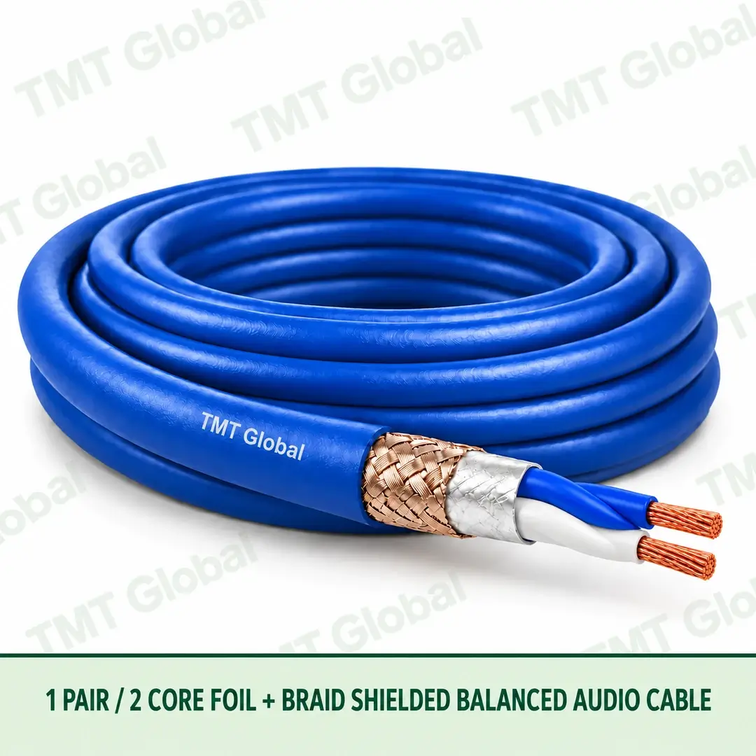 TMT-GLOBAL-02B-AU-1-Pair-2-Core-Foil-Braid-Balanced-Audio-Cable-1080x1080 TMT Global 1 Pair 2 Core Foil Braid Balanced Audio Cable product image showing the cable coil and exposed conductor cutaway.