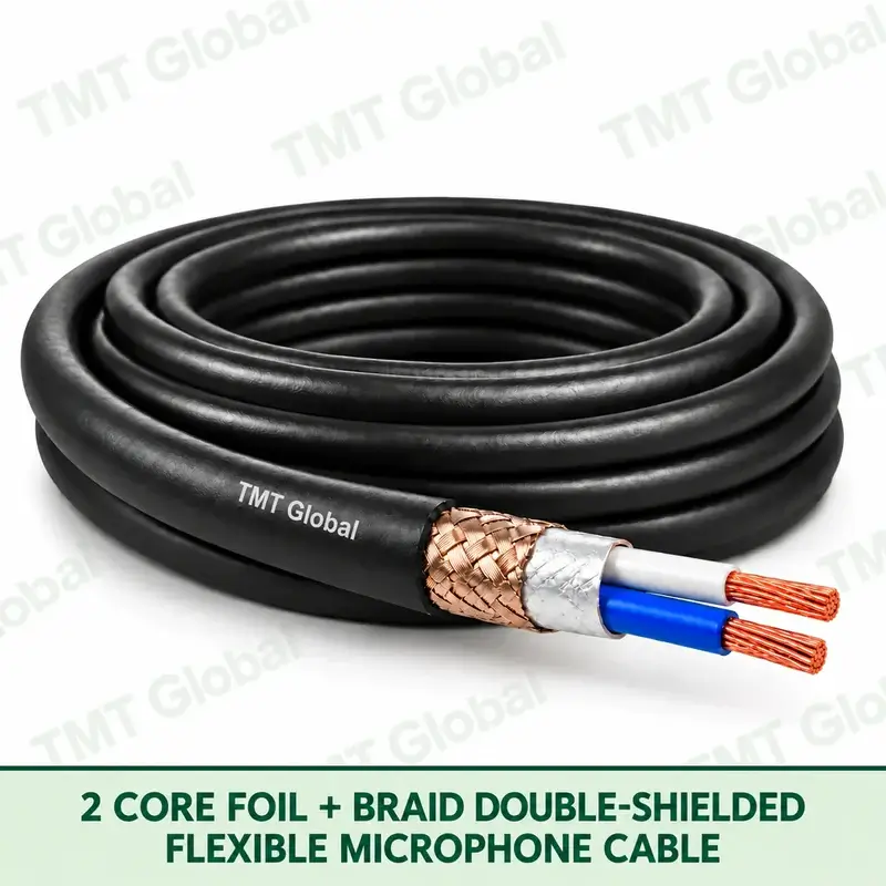 TMT Global 2 Core Foil Braid Double Shielded Microphone Cable product image showing the cable coil and exposed conductor cutaway.