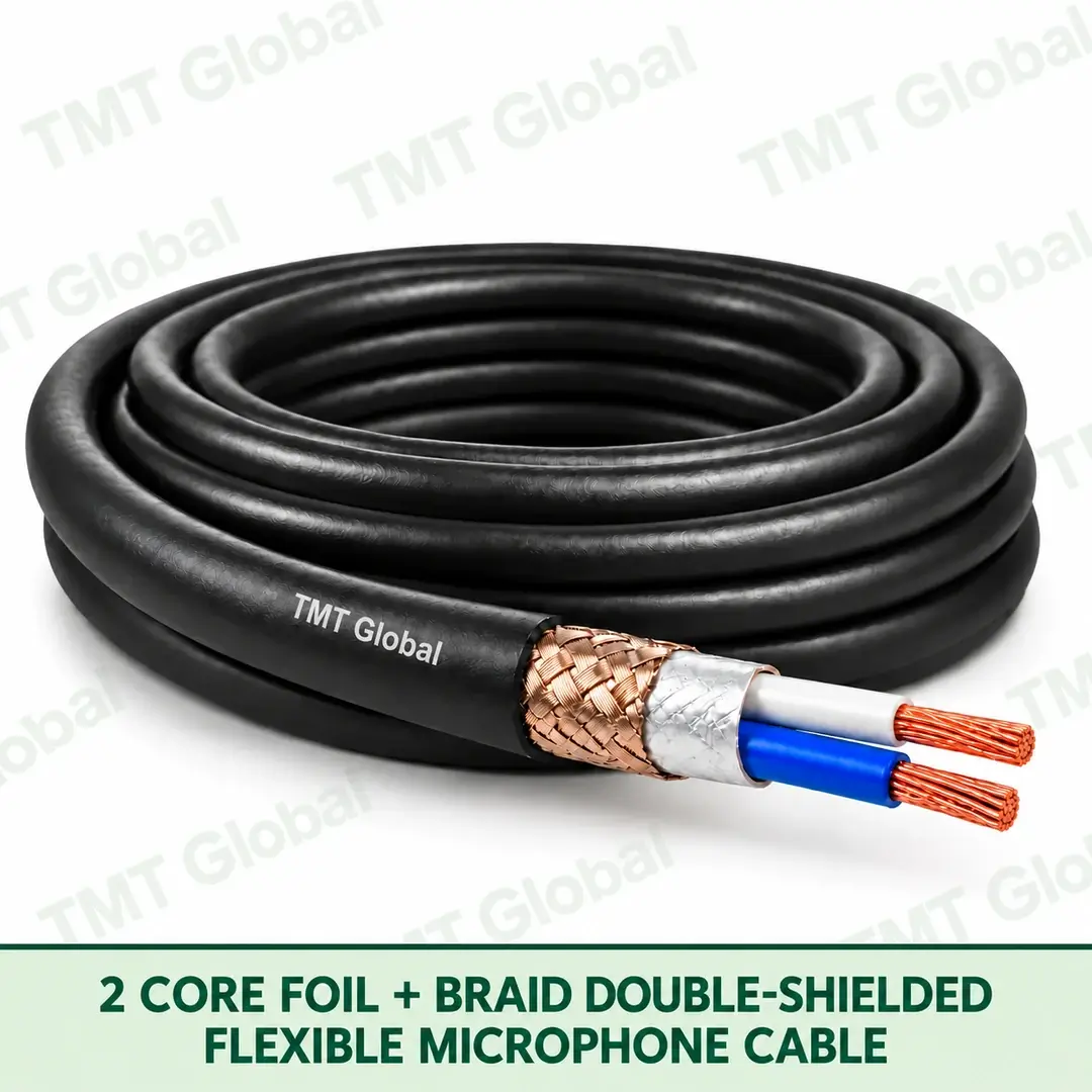TMT-GLOBAL-02B-MI-2-Core-Foil-Braid-Double-Shielded-Microphone-Cable-1080x1080 TMT Global 2 Core Foil Braid Double Shielded Microphone Cable product image showing the cable coil and exposed conductor cutaway.