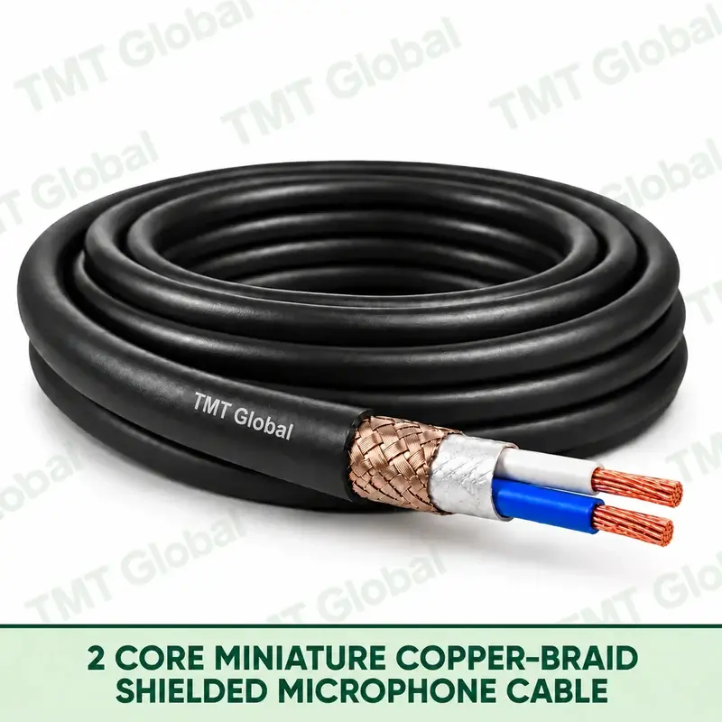TMT Global 2 Core Miniature Copper Braid Shielded Microphone Cable product image showing the cable coil and exposed conductor cutaway.
