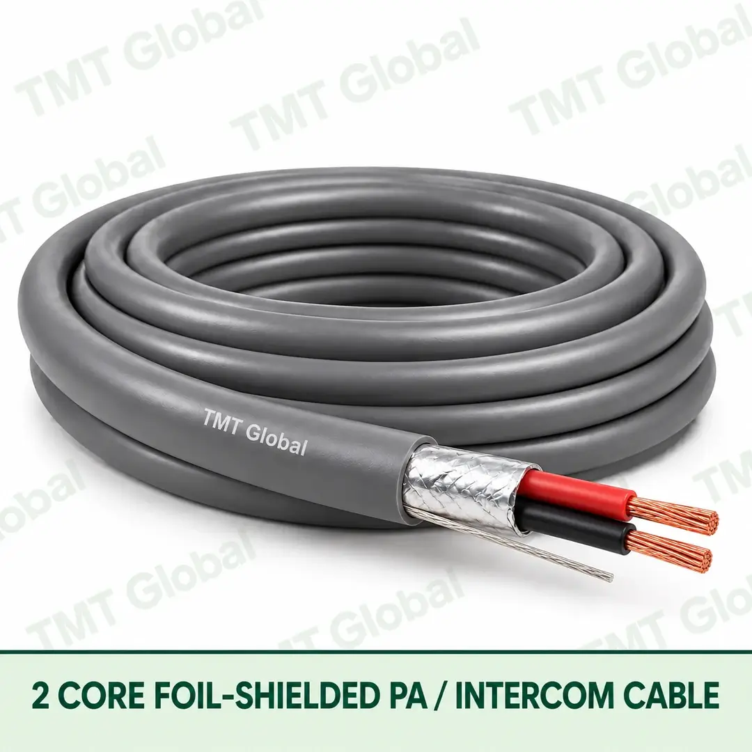 TMT-GLOBAL-02C-S-PA-2-Core-Foil-Shielded-PA-Intercom-Cable-1080x1080 TMT Global 2 Core Foil Shielded PA Intercom Cable product image showing the cable coil and exposed conductor cutaway.