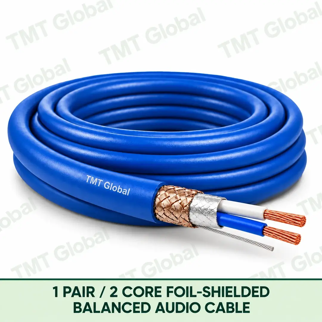 TMT-GLOBAL-02S-AU-1-Pair-2-Core-Foil-Shielded-Balanced-Audio-Cable-1080x1080 TMT Global 1 Pair 2 Core Foil Shielded Balanced Audio Cable product image showing the cable coil and exposed conductor cutaway.