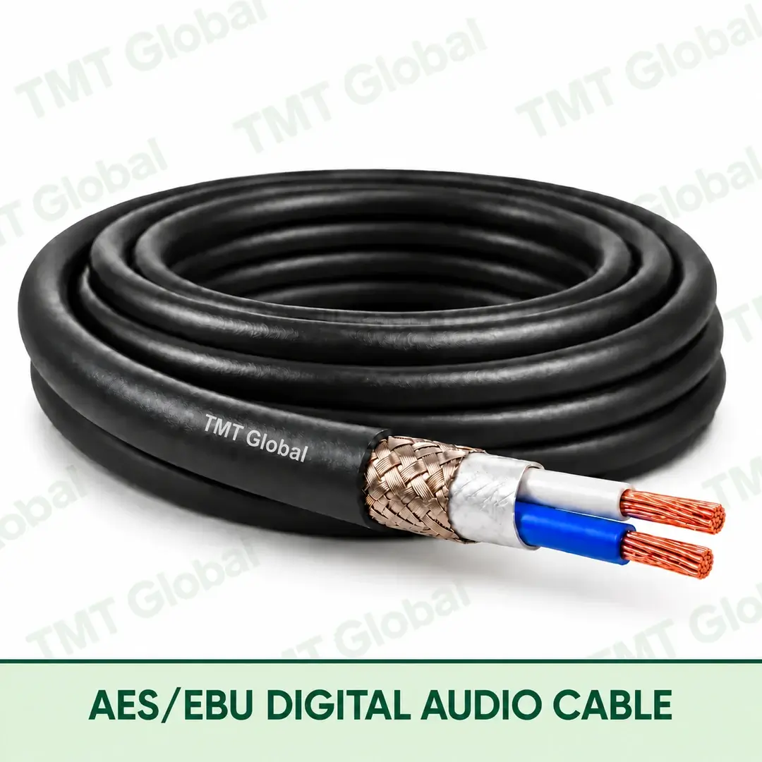 TMT-GLOBAL-02S-DA-AES-EBU-Digital-Audio-Cable-1080x1080 TMT Global 1 Pair 2 Core 110 Ohm AES EBU Digital Audio Cable product image showing the cable coil and exposed conductor cutaway.
