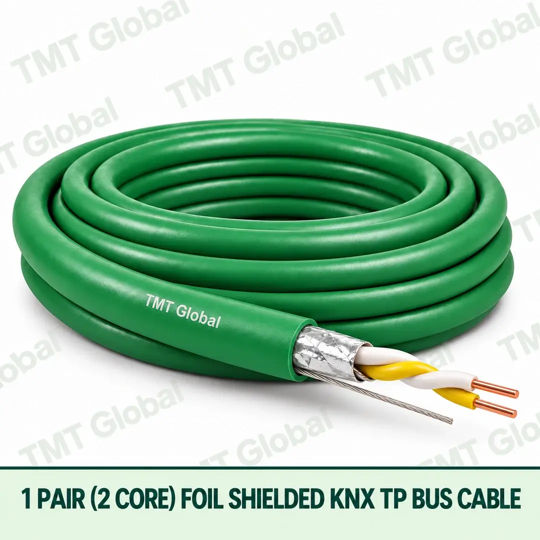 TMT-GLOBAL-02S-KX-SERIES-1-Pair-2-Core-Foil-Shielded-KNX-TP-Bus-Cable-1080x1080 TMT Global 1 pair 2 core foil shielded KNX TP bus cable with green jacket and drain wire.