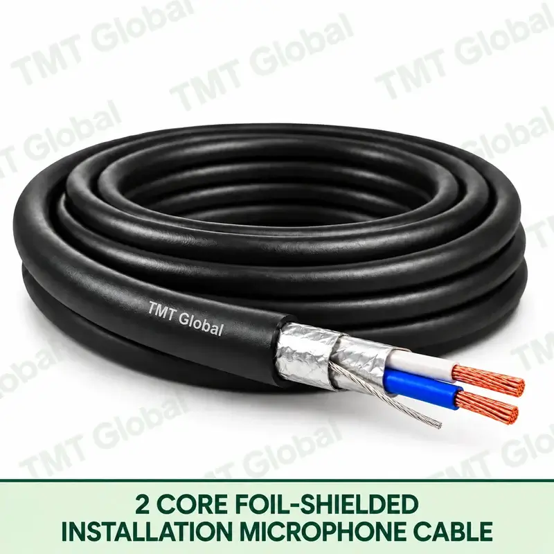 TMT Global 2 Core Foil Shielded Installation Microphone Cable product image showing the cable coil and exposed conductor cutaway.