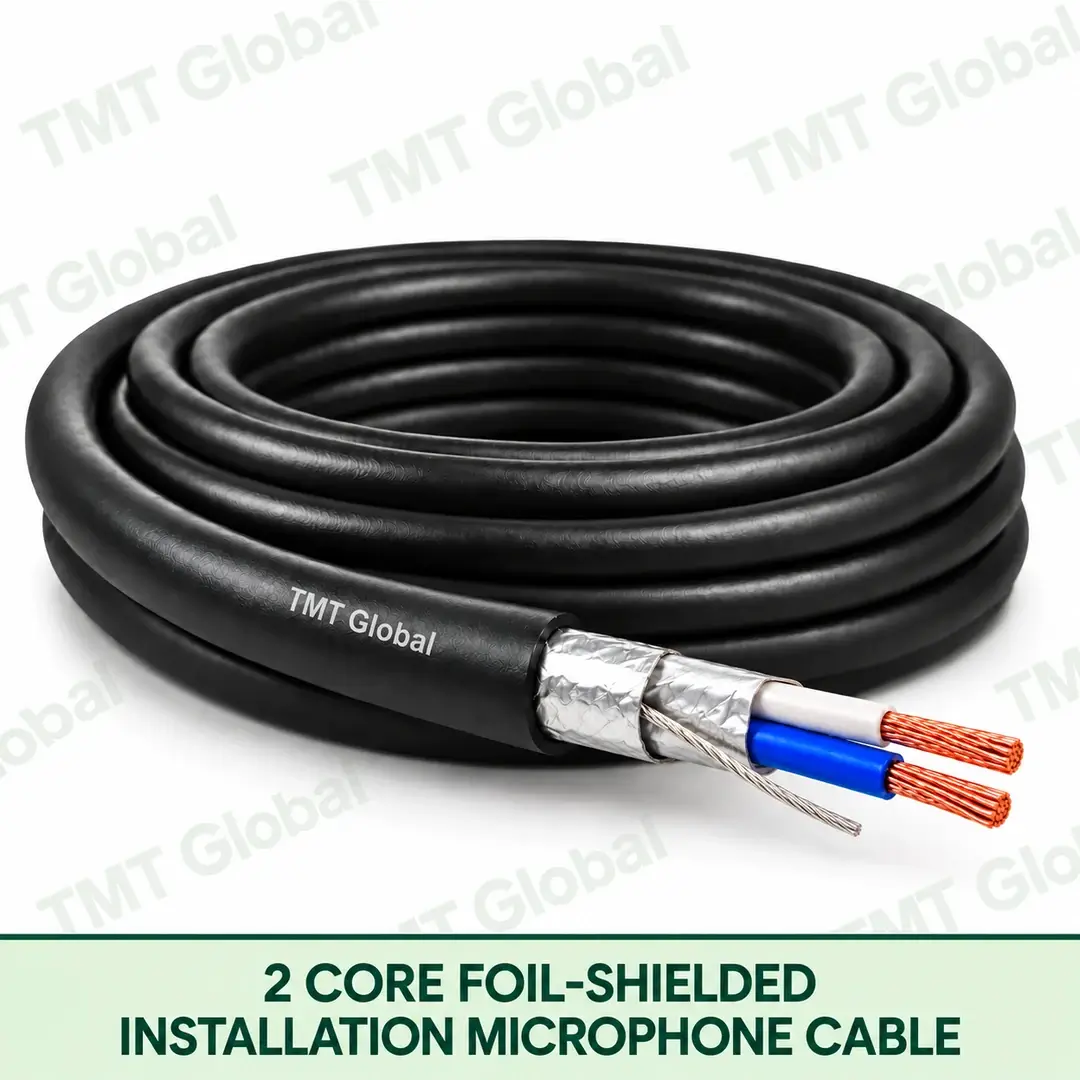 TMT-GLOBAL-02S-MI-2-Core-Foil-Shielded-Installation-Microphone-Cable-1080x1080 TMT Global 2 Core Foil Shielded Installation Microphone Cable product image showing the cable coil and exposed conductor cutaway.