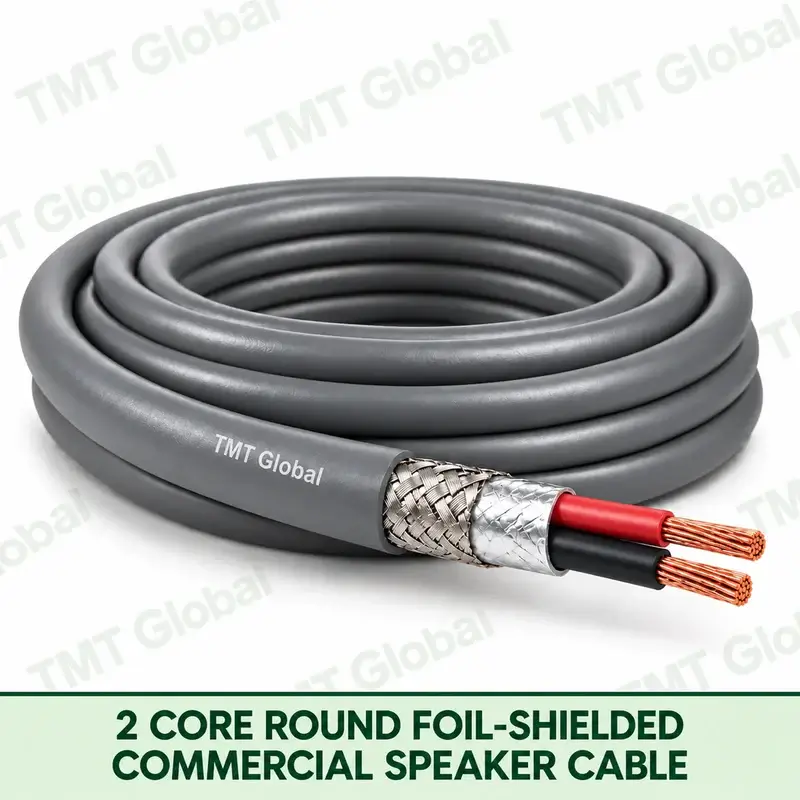TMT Global 2 Core Round Foil Shielded Commercial Speaker Cable product image showing the cable coil and exposed conductors.