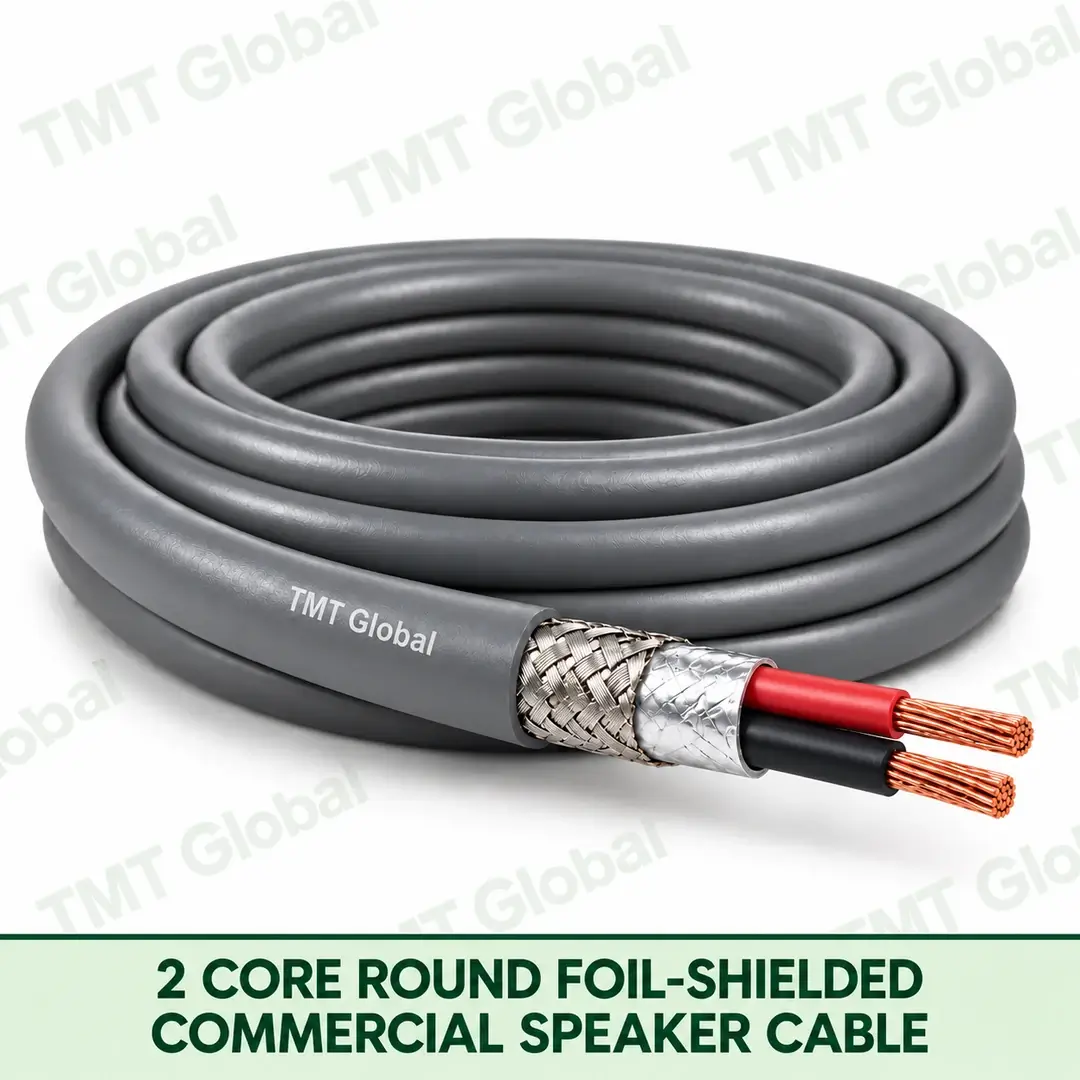 TMT-GLOBAL-02SR-SR-2-Core-Round-Foil-Shielded-Speaker-Cable-1080x1080 TMT Global 2 Core Round Foil Shielded Commercial Speaker Cable product image showing the cable coil and exposed conductors.