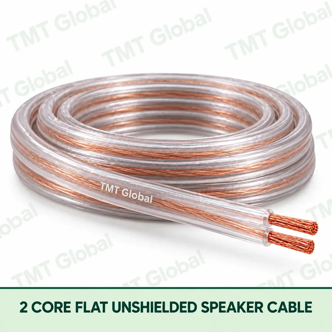 TMT-GLOBAL-02UF-SR-2-Core-Flat-Unshielded-Speaker-Cable-1080x1080 TMT Global 2 Core Flat Unshielded Speaker Cable product image showing the flat cable coil and exposed conductors.