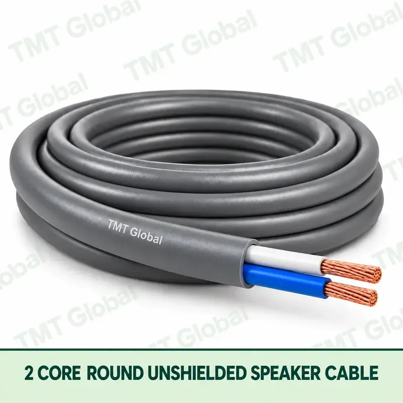 TMT Global 2 Core Round Unshielded Speaker Cable product image showing the cable coil and exposed conductors.