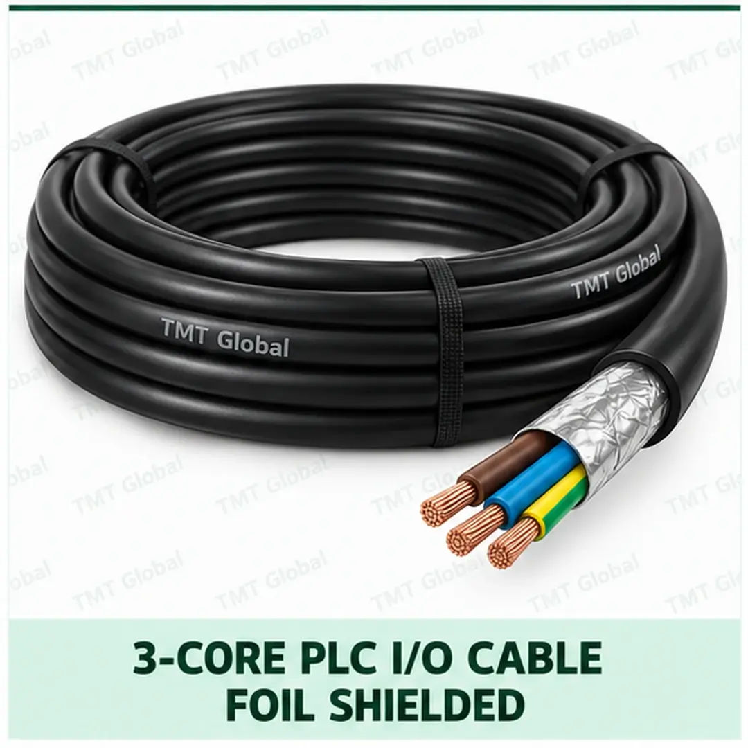 TMT-GLOBAL-03S-PL-3-Core-Foil-Shielded-PLC-IO-Cable-1080x1080 TMT Global 3 core foil shielded PLC I/O cable, with 3 visible copper conductors.