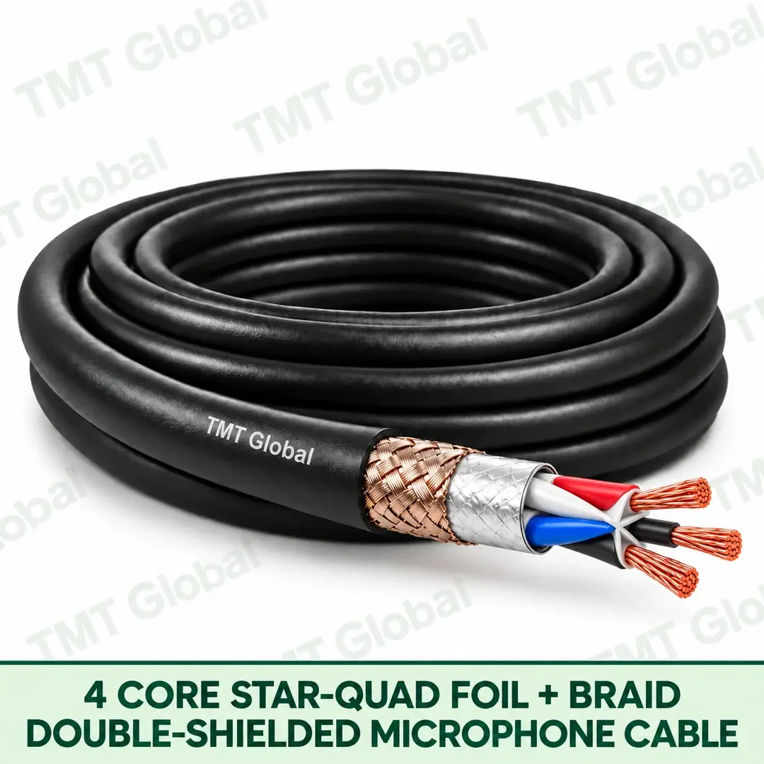 TMT-GLOBAL-04B-MQ-4-Core-Star-Quad-Foil-Braid-Microphone-Cable-1080x1080 TMT Global 4 Core Star Quad Foil plus Braid Double Shielded Microphone Cable product image showing the cable coil and exposed conductors.