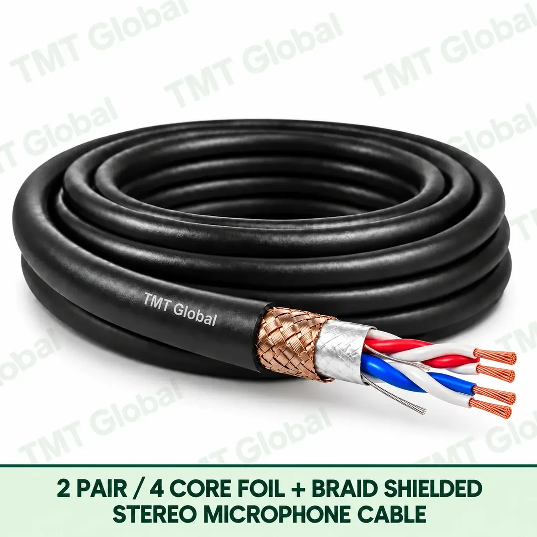 TMT-GLOBAL-04B-MS-2-Pair-4-Core-Foil-Braid-Stereo-Microphone-Cable-1080x1080 TMT Global 2 Pair 4 Core Foil plus Braid Shielded Stereo Microphone Cable product image showing the cable coil and exposed conductor cutaway.