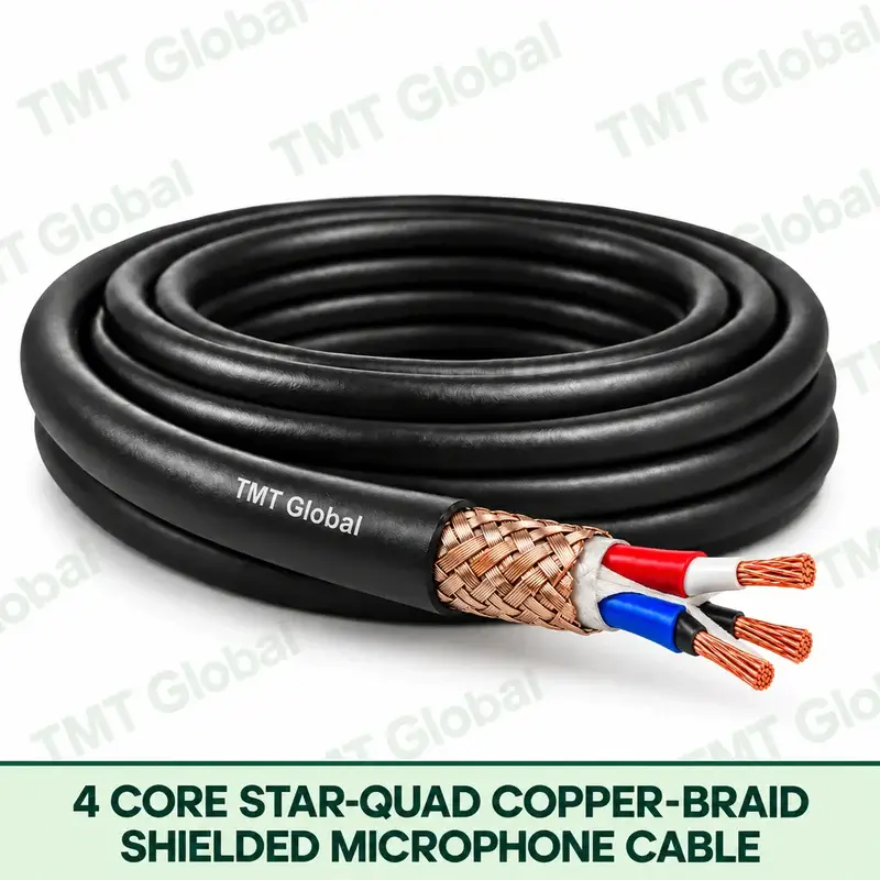TMT Global 4 Core Star Quad Copper Braid Shielded Microphone Cable product image showing the cable coil and exposed conductor cutaway.