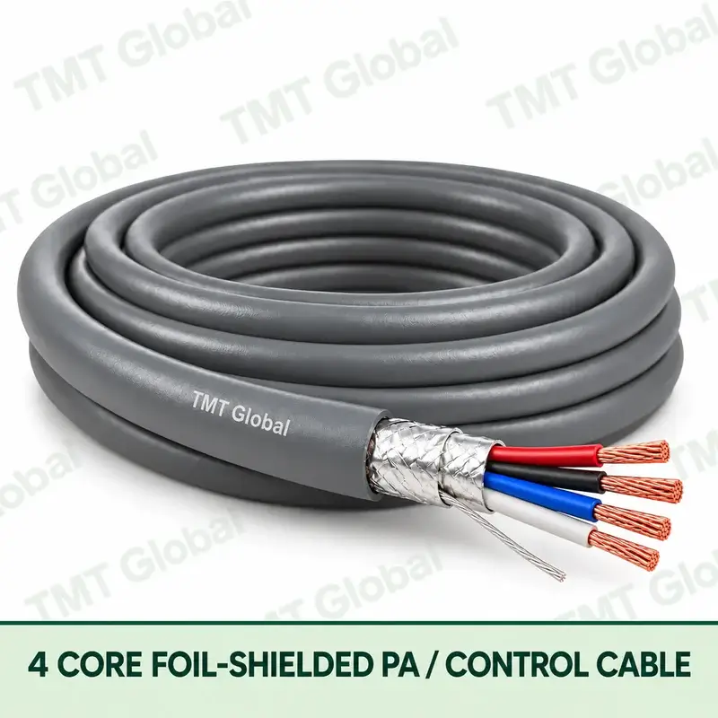 TMT Global 4 Core Foil Shielded PA Control Cable product image showing the cable coil and exposed conductor cutaway.