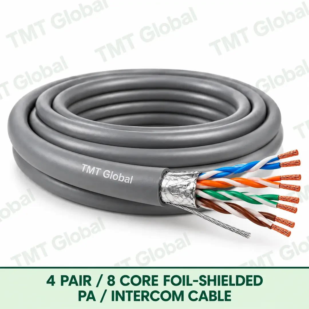 TMT-GLOBAL-04P-S-PI-4-Pair-8-Core-Foil-Shielded-PA-Intercom-Cable-1080x1080 TMT Global 4 Pair 8 Core Foil Shielded PA Intercom Cable product image showing the cable coil and exposed conductor cutaway.