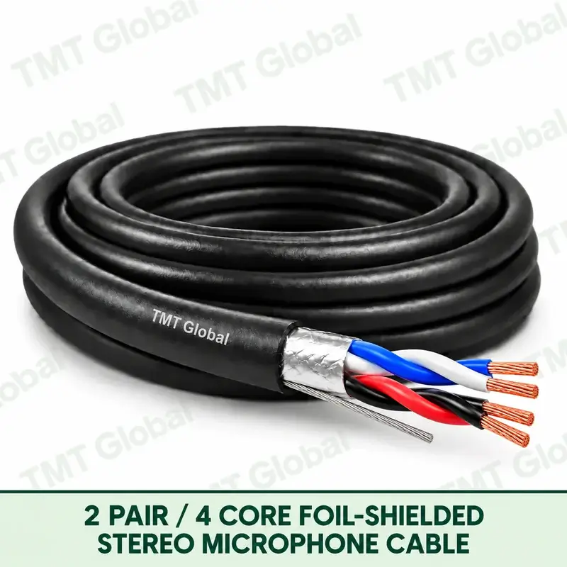 TMT Global 2 Pair 4 Core Foil Shielded Stereo Microphone Cable product image showing the cable coil and exposed conductor cutaway.