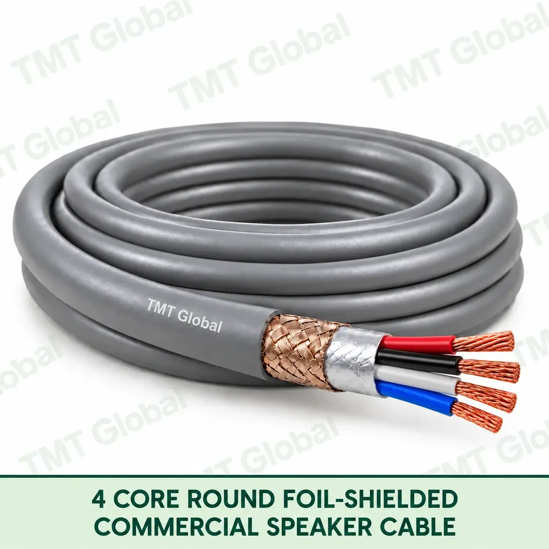 TMT-GLOBAL-04SR-SR-4-Core-Round-Foil-Shielded-Commercial-Speaker-Cable-1080x1080 TMT Global 4 Core Round Foil Shielded Commercial Speaker Cable product image showing the cable coil and exposed conductors.