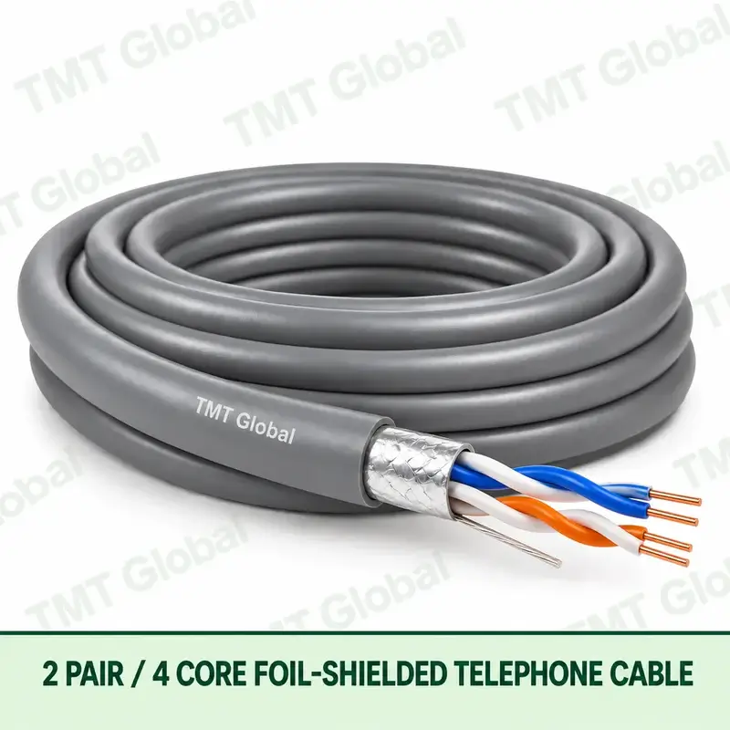 TMT Global 2 Pair 4 Core Foil Shielded Telephone Cable product image showing the cable coil and exposed conductor cutaway.