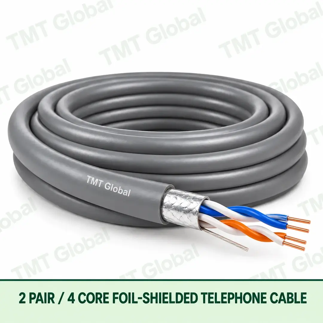 TMT-GLOBAL-04SR-TL-2-Pair-4-Core-Foil-Shielded-Telephone-Cable-1080x1080 TMT Global 2 Pair 4 Core Foil Shielded Telephone Cable product image showing the cable coil and exposed conductor cutaway.