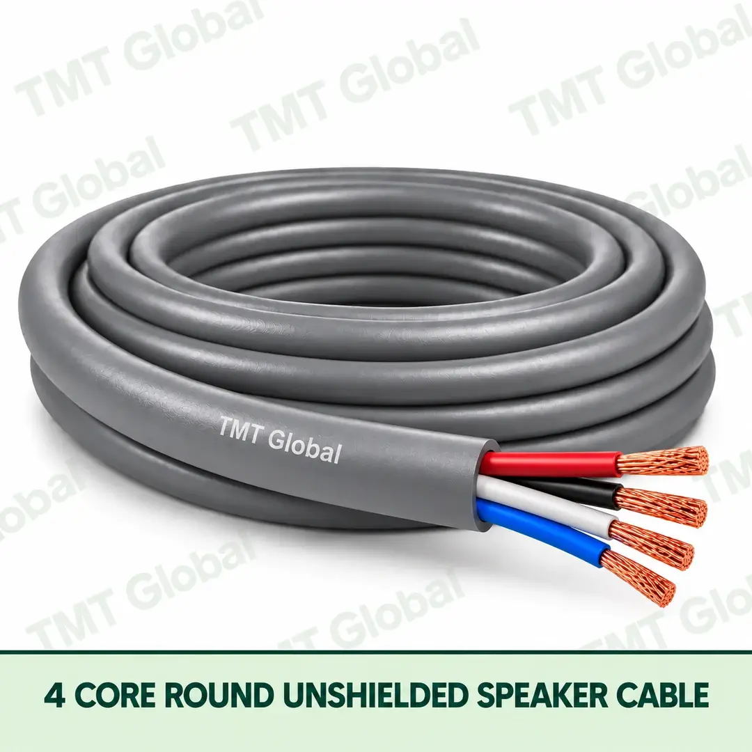 TMT-GLOBAL-04UR-SR-4-Core-Round-Unshielded-Speaker-Cable-1080x1080 TMT Global 4 Core Round Unshielded Speaker Cable product image showing the cable coil and exposed conductors.