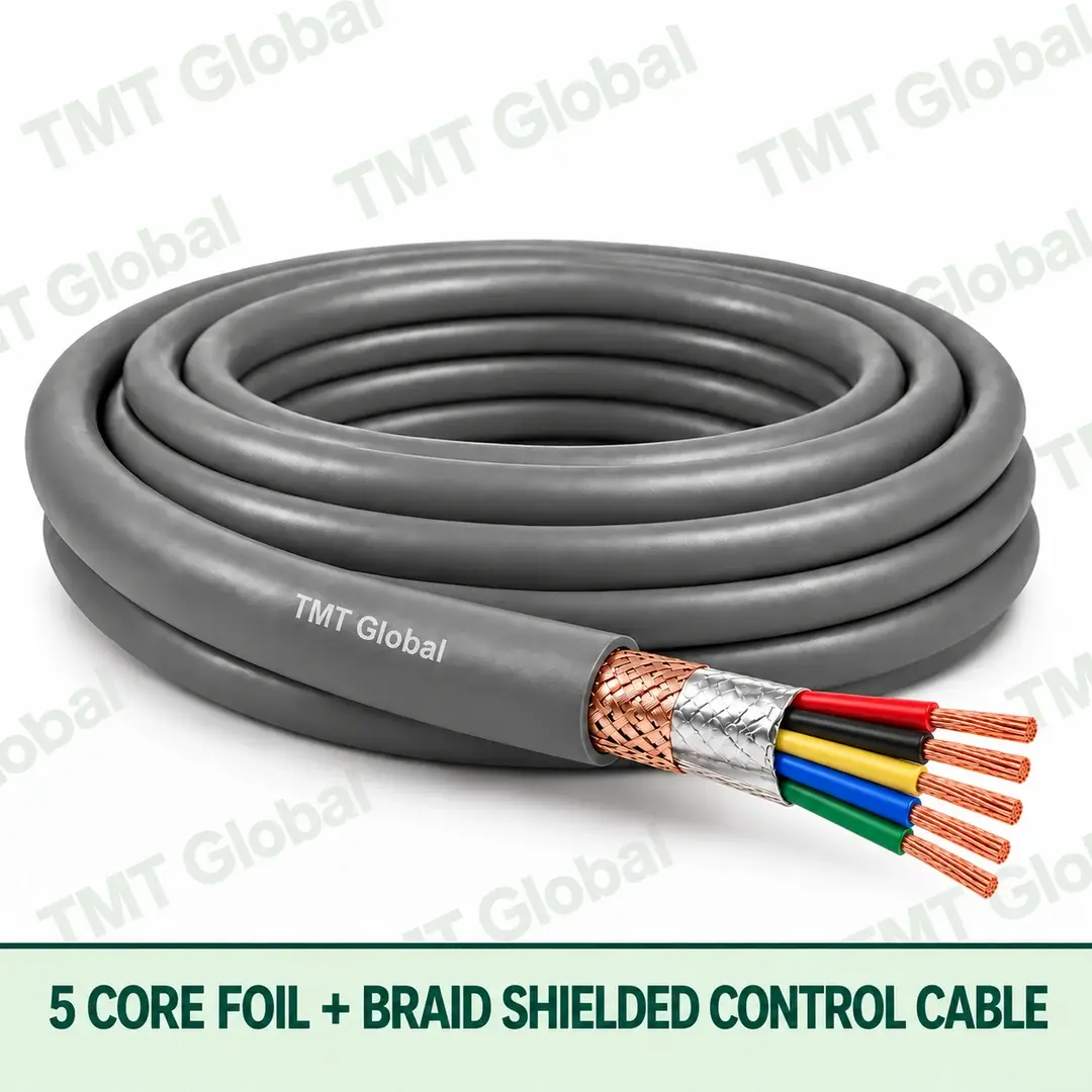 TMT-GLOBAL-05B-5-Core-Foil-Braid-Shielded-Control-Cable-1080x1080 TMT Global 5 core Foil + Braid Shielded Control Cable, with 5 visible copper conductors; foil + braid shielded.