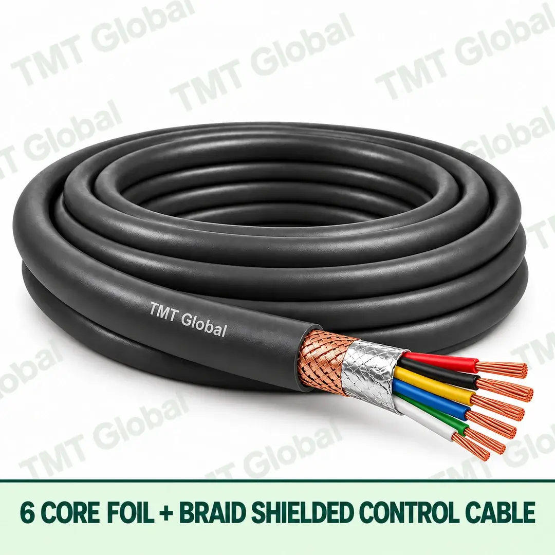 TMT-GLOBAL-06B-6-Core-Foil-Braid-Shielded-Control-Cable-1080x1080 TMT Global 6 core Foil + Braid Shielded Control Cable, with 6 visible copper conductors; foil + braid shielded.