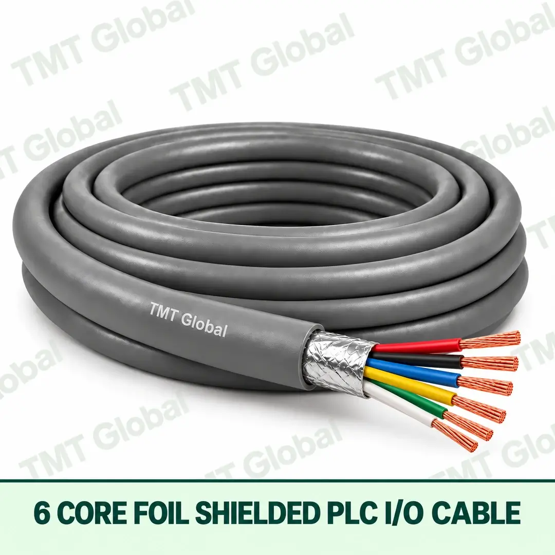 TMT-GLOBAL-06S-PL-6-Core-Foil-Shielded-PLC-IO-Cable-1080x1080 TMT Global 6 core foil shielded PLC I/O cable, with 6 visible copper conductors.