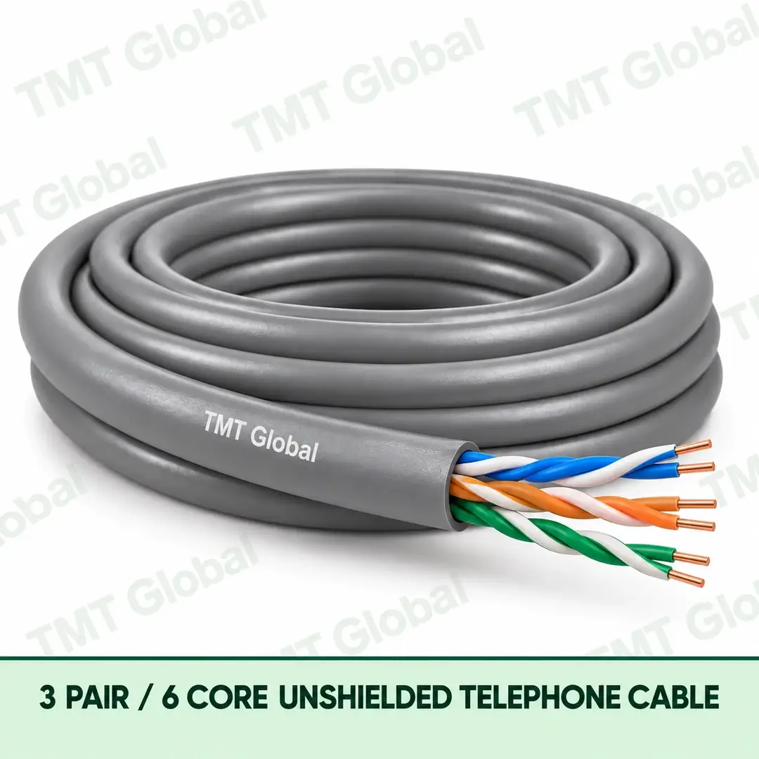 TMT-GLOBAL-06UR-TL-3-Pair-6-Core-Unshielded-Telephone-Cable-1080x1080 TMT Global 3 Pair 6 Core Unshielded Telephone Cable product image showing the cable coil and exposed conductor cutaway.