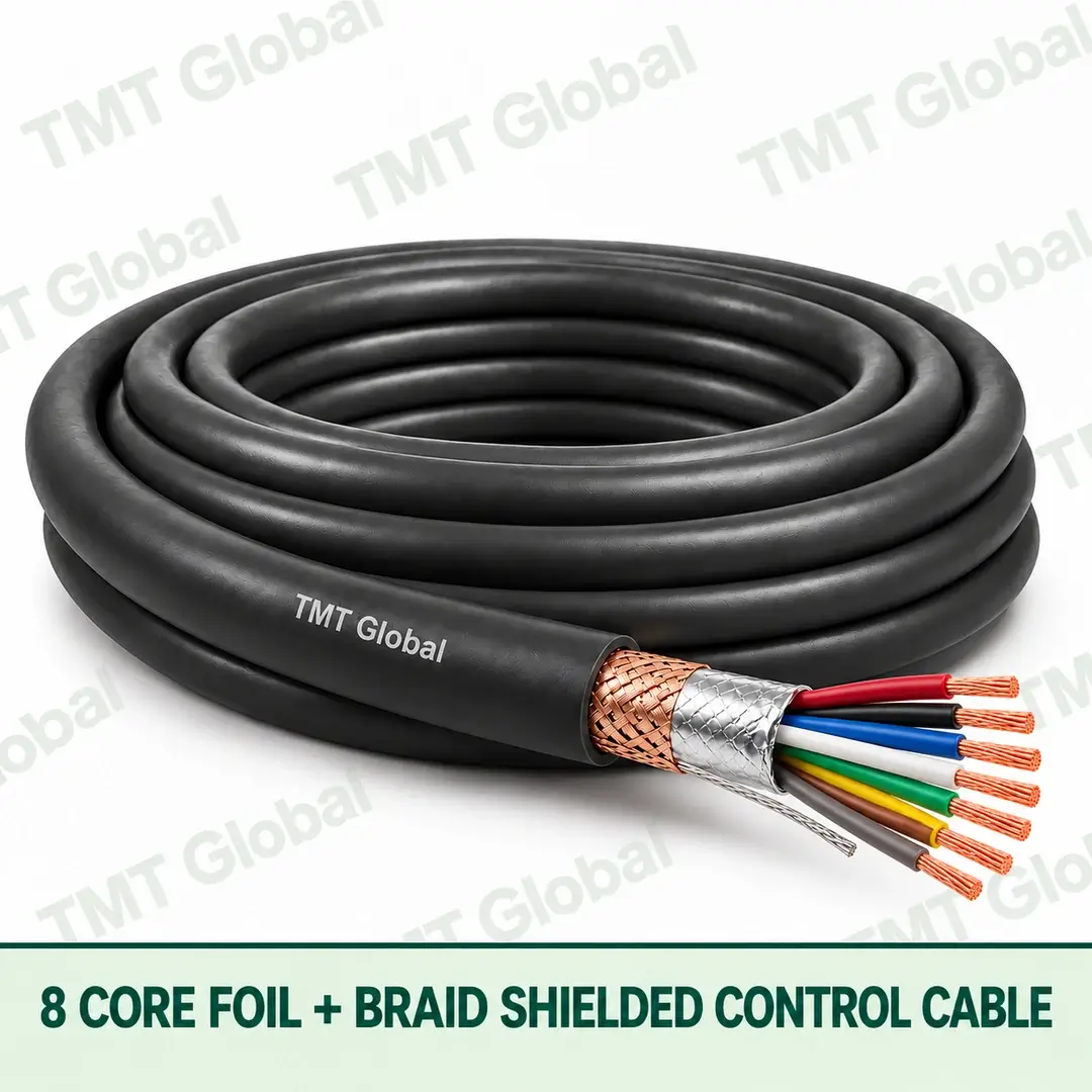 TMT-GLOBAL-08B-8-Core-Foil-Braid-Shielded-Control-Cable-1080x1080 TMT Global 8 core Foil + Braid Shielded Control Cable, with 8 visible copper conductors; foil + braid shielded.