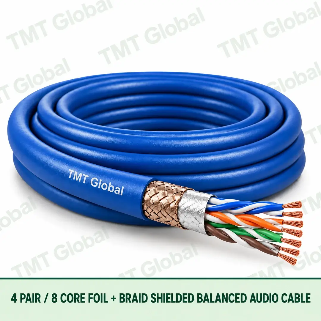 TMT-GLOBAL-08B-AU-4-Pair-8-Core-Foil-Braid-Balanced-Audio-Cable-1080x1080 TMT Global 4 Pair 8 Core Foil plus Braid Shielded Balanced Audio Cable product image showing the cable coil and exposed conductor cutaway.
