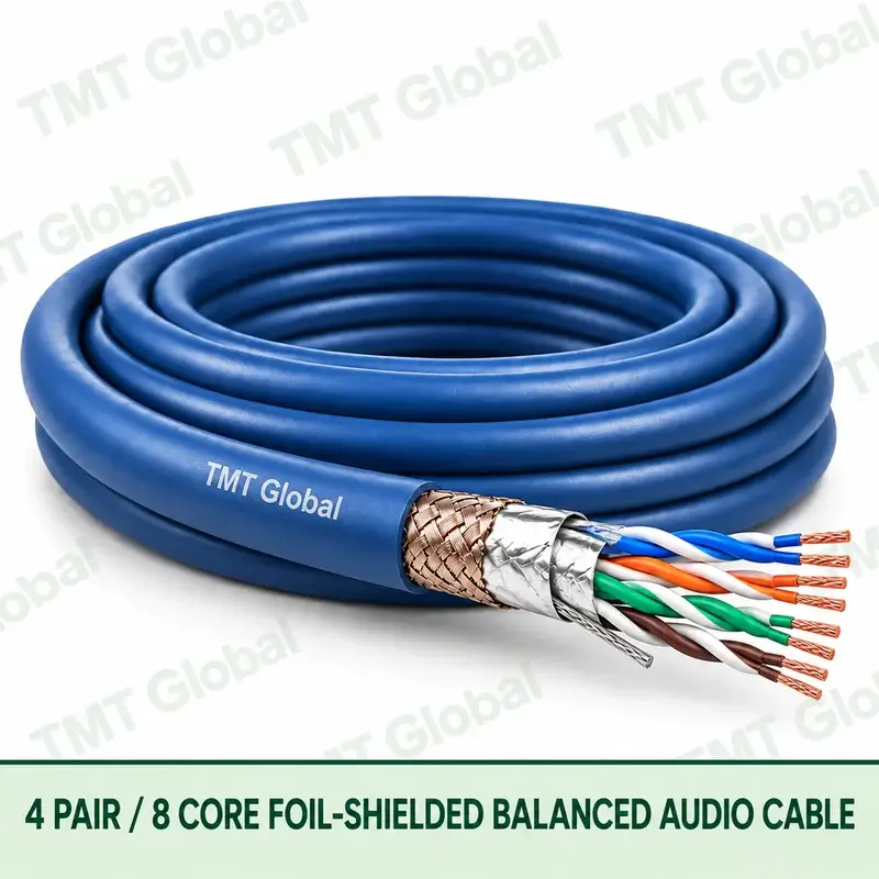 TMT Global 4 Pair 8 Core Foil Shielded Balanced Audio Cable product image showing the cable coil and exposed conductor cutaway.