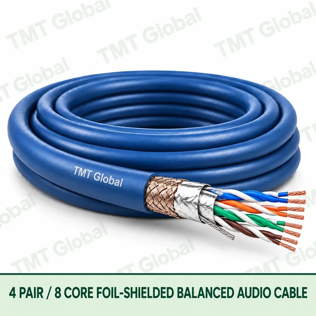 TMT-GLOBAL-08S-AU-4-Pair-8-Core-Foil-Shielded-Balanced-Audio-Cable-1080x1080 TMT Global 4 Pair 8 Core Foil Shielded Balanced Audio Cable product image showing the cable coil and exposed conductor cutaway.