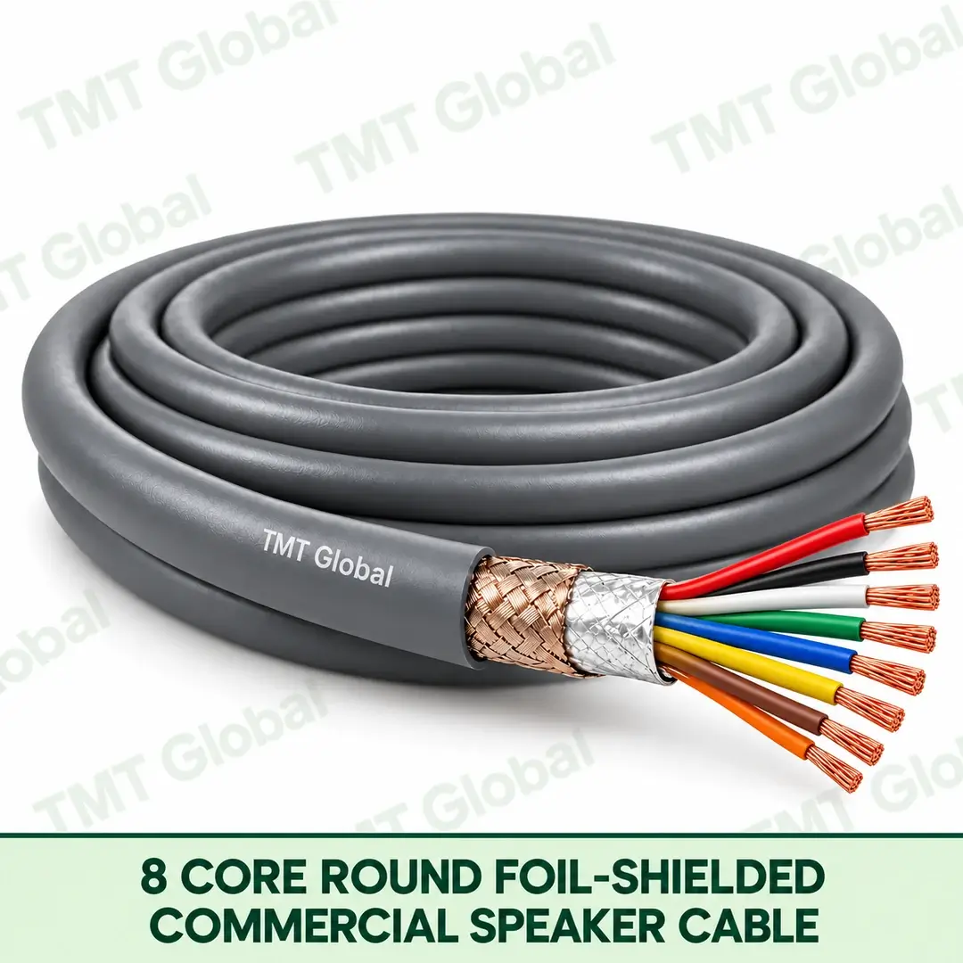 TMT-GLOBAL-08SR-SR-8-Core-Round-Foil-Shielded-Commercial-Speaker-Cable-1080x1080 TMT Global 8 Core Round Foil Shielded Commercial Speaker Cable product image showing the cable coil and exposed conductors.