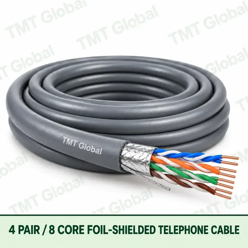 TMT Global 4 Pair 8 Core Foil Shielded Telephone Cable product image showing the cable coil and exposed conductor cutaway.