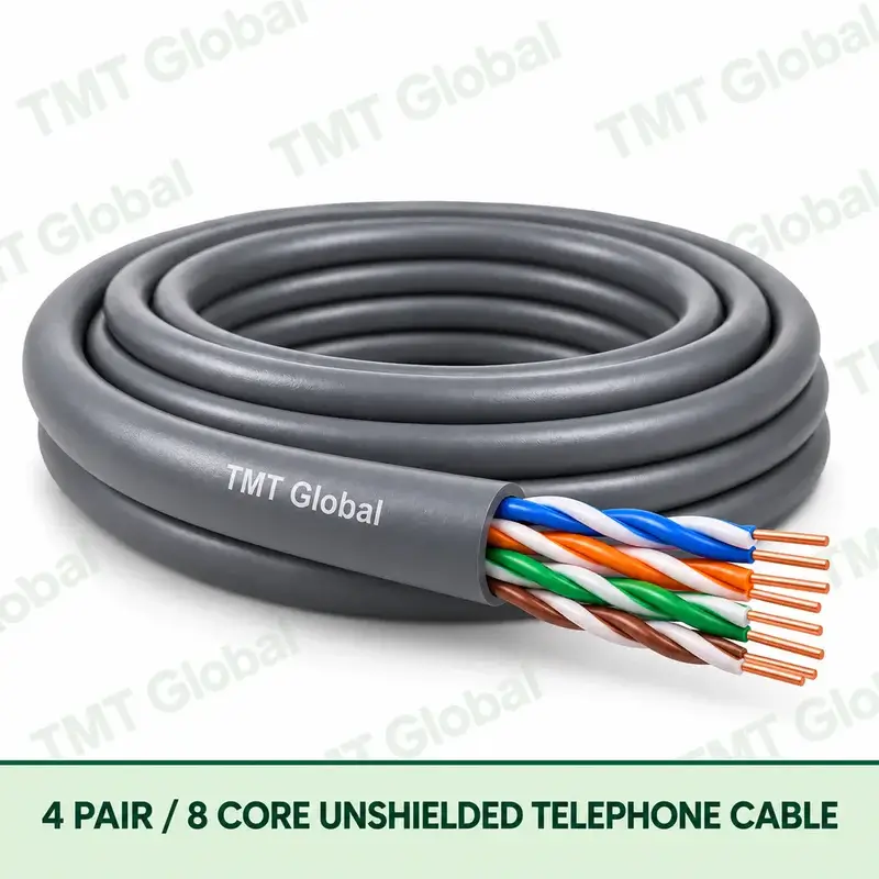 TMT Global 4 Pair 8 Core Unshielded Telephone Cable product image showing the cable coil and exposed conductor cutaway.