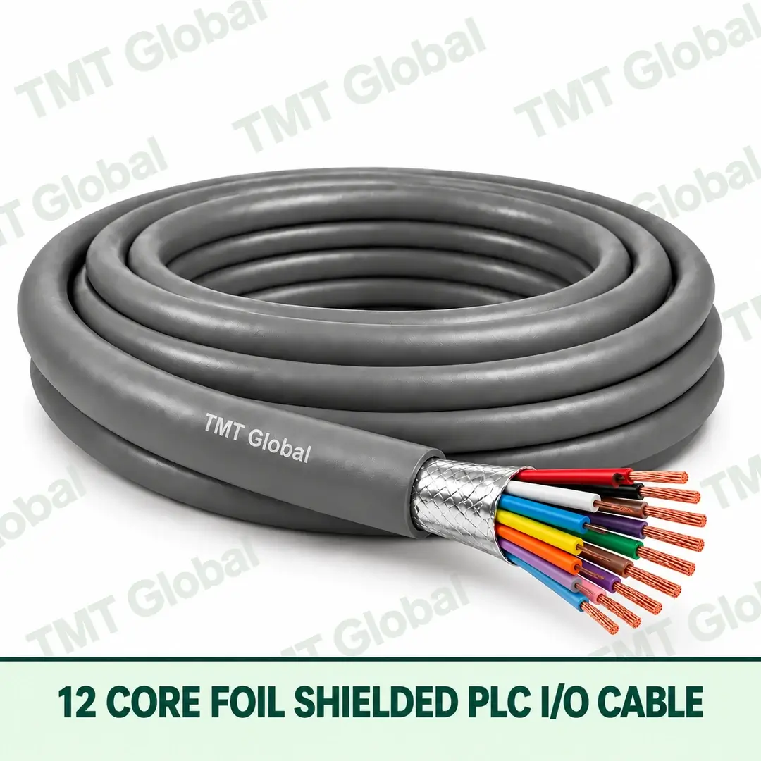 TMT-GLOBAL-12S-PL-12-Core-Foil-Shielded-PLC-IO-Cable-1080x1080 TMT Global 12 core foil shielded PLC I/O cable, with 12 visible copper conductors.