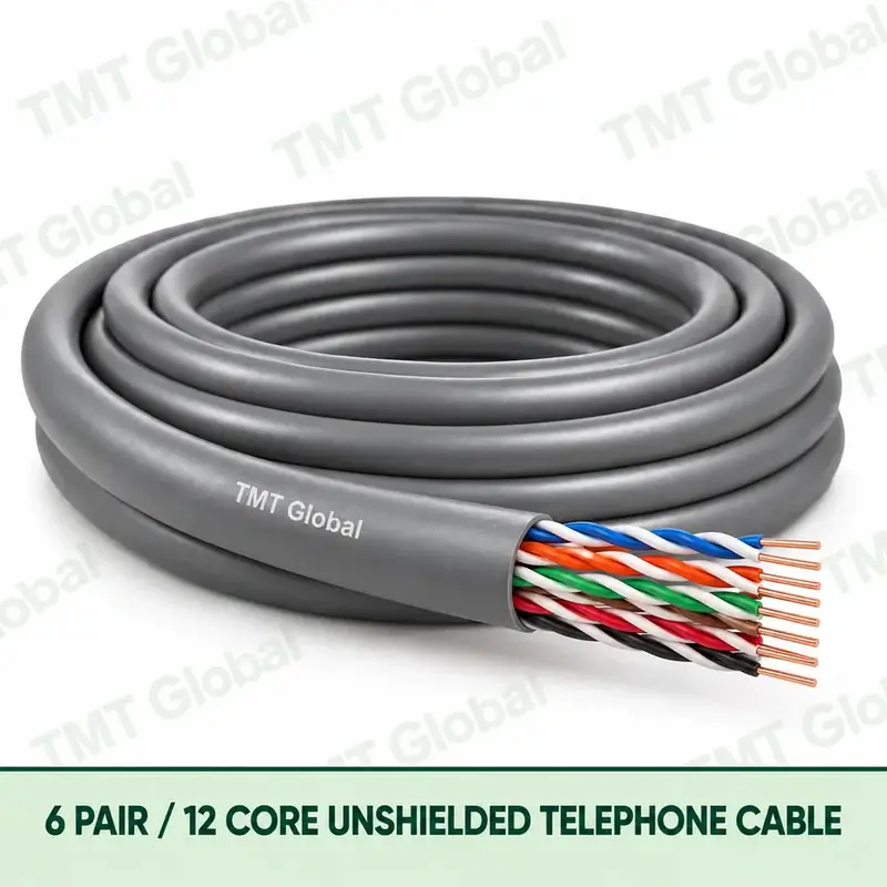 TMT Global 6 Pair 12 Core Unshielded Telephone Cable product image showing the cable coil and exposed conductor cutaway.