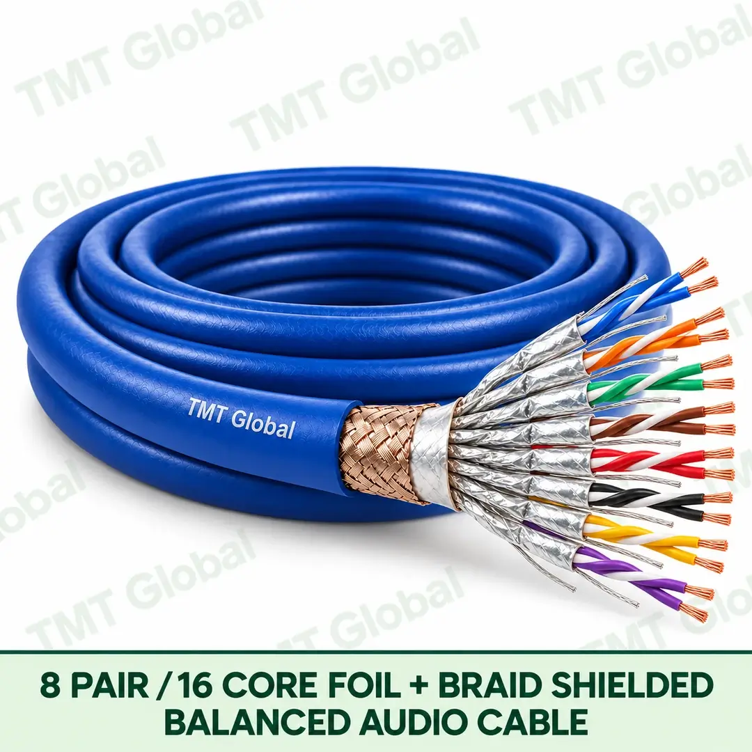TMT-GLOBAL-16B-AU-8-Pair-16-Core-Foil-Braid-Balanced-Audio-Cable-1080x1080 TMT Global 8 Pair 16 Core Foil plus Braid Shielded Balanced Audio Cable product image showing the cable coil and exposed conductor cutaway.