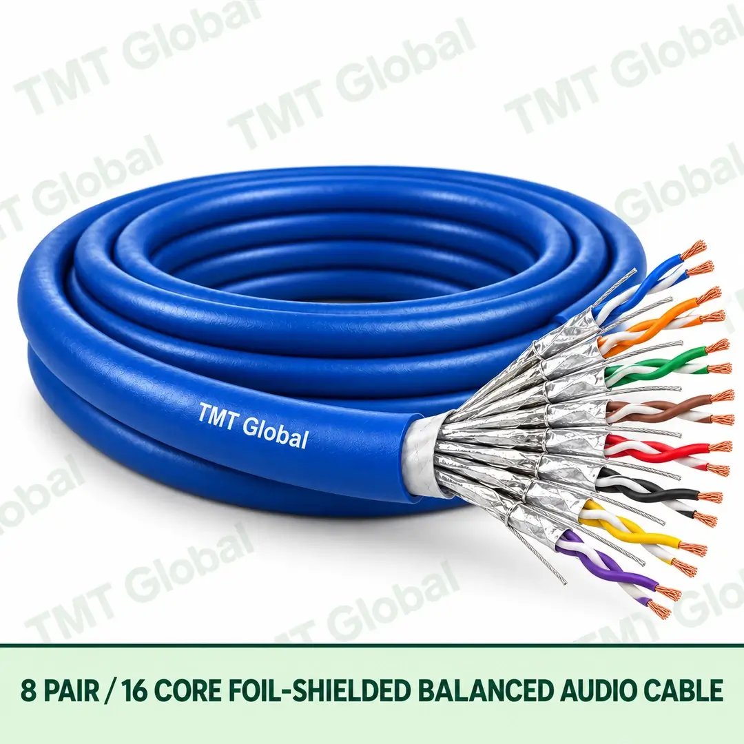 TMT-GLOBAL-16S-AU-8-Pair-16-Core-Foil-Shielded-Balanced-Audio-Cable-1080x1080 TMT Global 8 Pair 16 Core Foil Shielded Balanced Audio Cable product image showing the cable coil and exposed conductor cutaway.