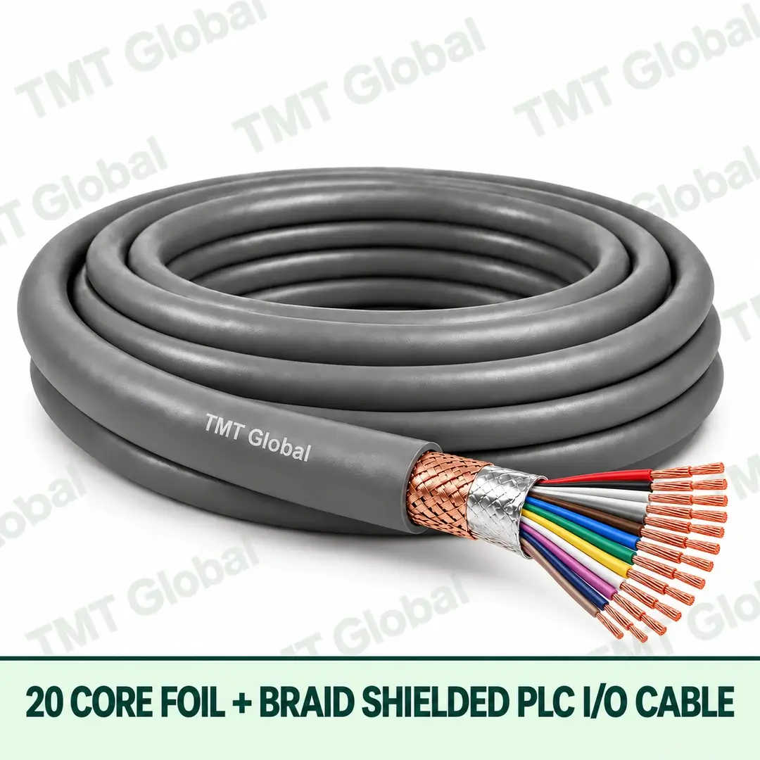 TMT-GLOBAL-20B-PL-20-Core-Foil-Braid-Shielded-PLC-IO-Cable-1080x1080 TMT Global 20 core foil + braid shielded PLC I/O cable, with 20 visible copper conductors.