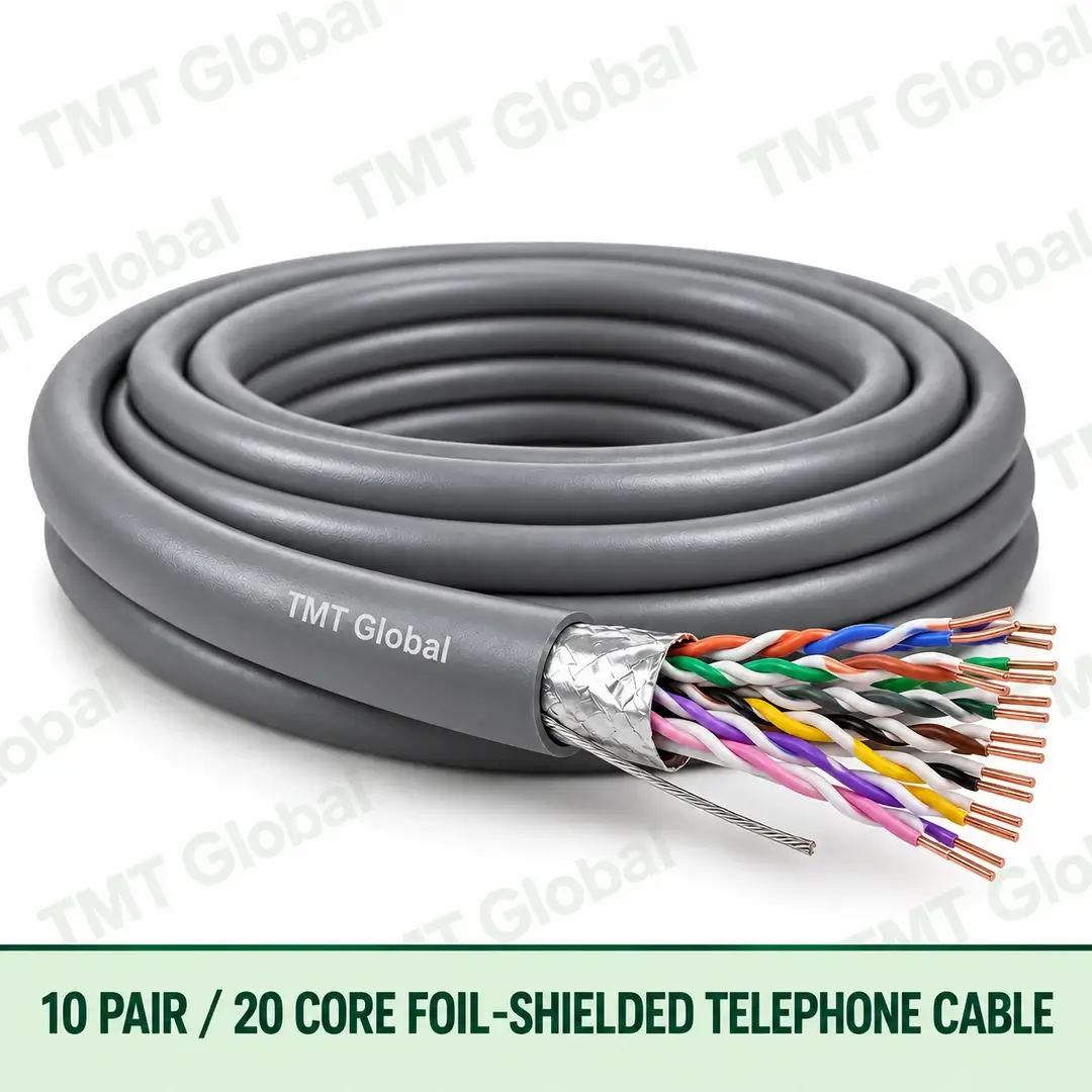 TMT-GLOBAL-20SR-TL-10-Pair-20-Core-Foil-Shielded-Telephone-Cable-1080x1080 TMT Global 10 Pair 20 Core Foil Shielded Telephone Cable product image showing the cable coil and exposed conductor cutaway.