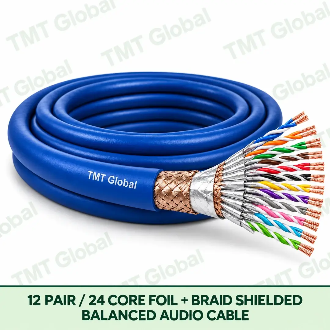 TMT-GLOBAL-24B-AU-12-Pair-24-Core-Foil-Braid-Balanced-Audio-Cable-1080x1080 TMT Global 12 Pair 24 Core Foil plus Braid Shielded Balanced Audio Cable product image showing the cable coil and exposed conductor cutaway.
